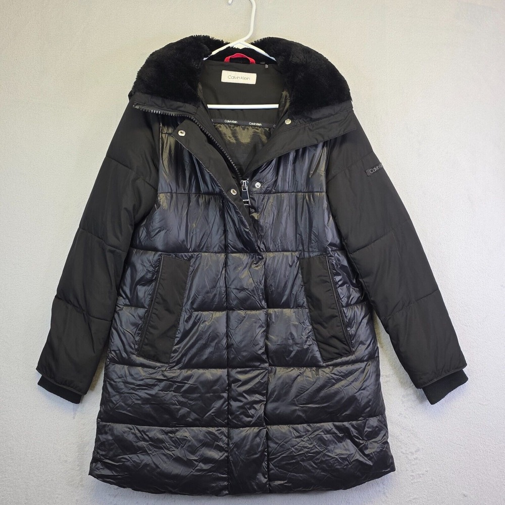 Calvin Klein Puffer‎ Jacket Womens 2XS Hooded Faux Fur Trim Insulated Long Line